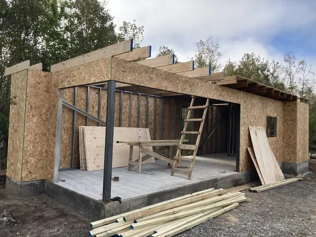 Cabaña Polincai · Estructura de acero durante la ejecución